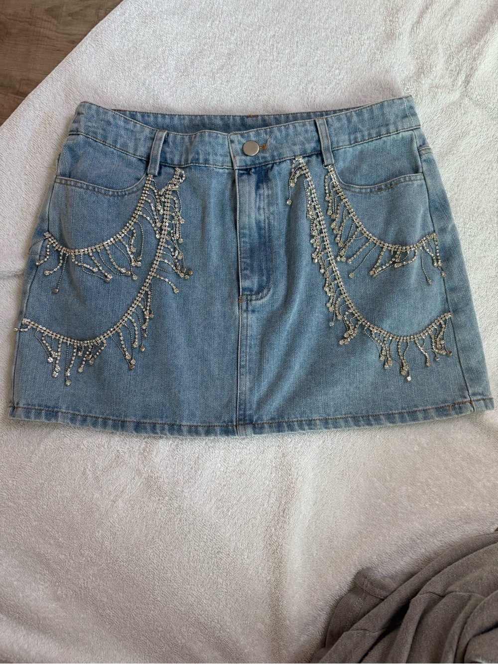 Le Lis Light Blue Denim Mini Skirt with Rhinestone Fringe
